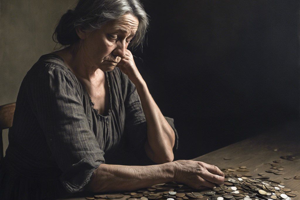 woman, table, coins