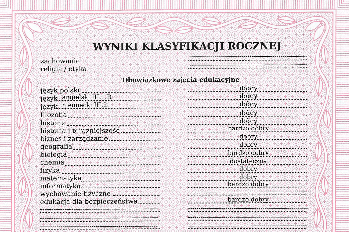 świadectwo szkolne