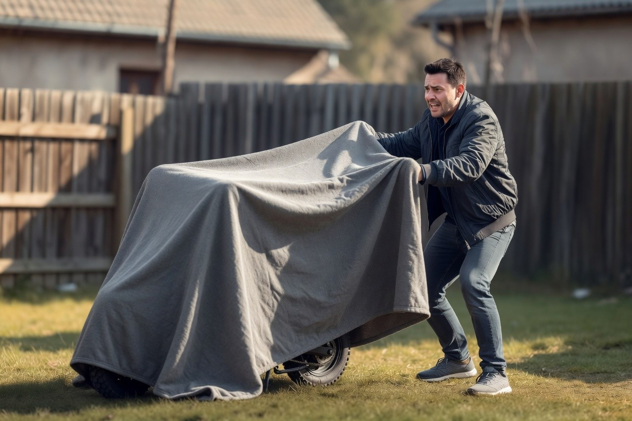 man, blanket, moped