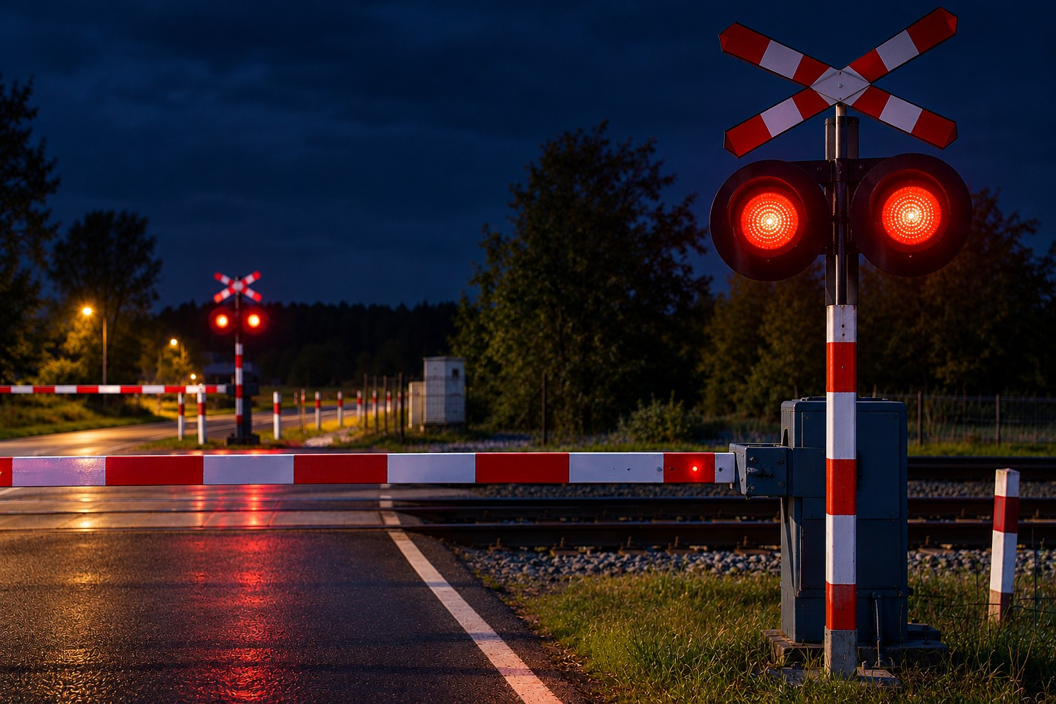 Przejazd kolejowy nocą