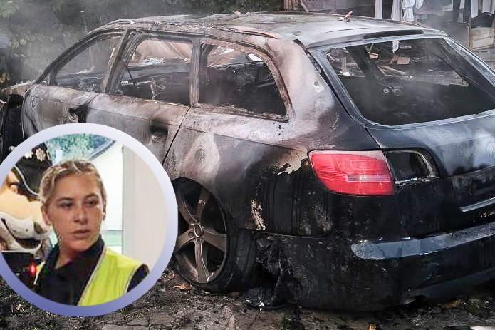Policjanta i auto po pożarze