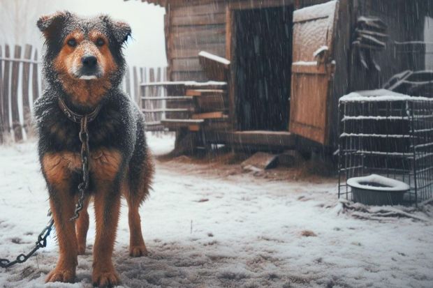 Pies na łańcuchu zimą