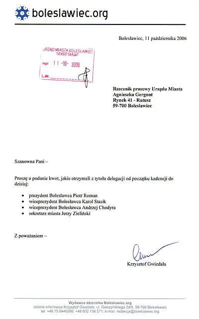 Skan pisma do Urzędu Miasta z datą wpływu 11 października 2006