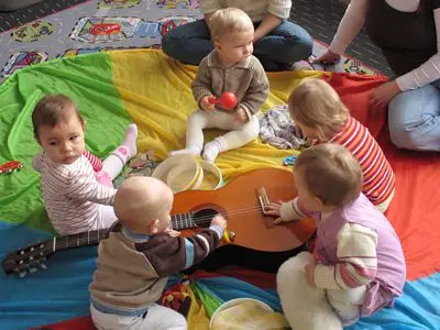 Dziecko nawiązuje relację z rówieśnikami. Reaguje na dźwięk instrumentów, których może swobodnie dotykać.
