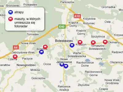 Mapa fotoradarów i atrap w powiecie bolesławieckim