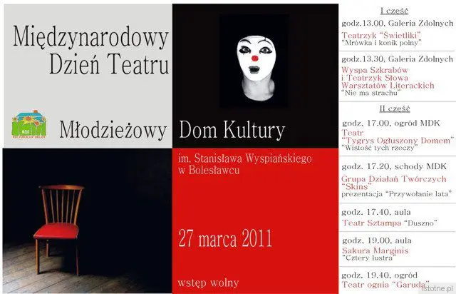Plakat zapowiadający obchody Międzynarodowego Dnia Teatru w MDK