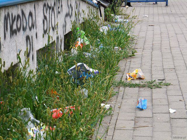 Służby porządkowe rzadko zaglądają na plac, gdzie dzieci i młodzież spędzają wolny czas. Jedyny kosz na śmieci był pełny.