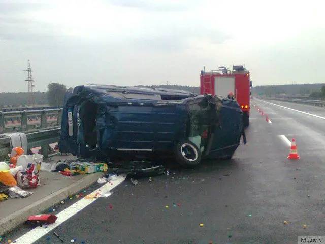 Auto uderzyło w barierkę i dachowało