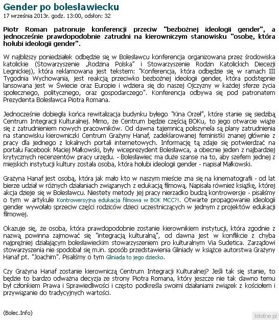 Treść artykułu opublikowanego na stronie Bolec.Info i usuniętego po kilkunastu minutach