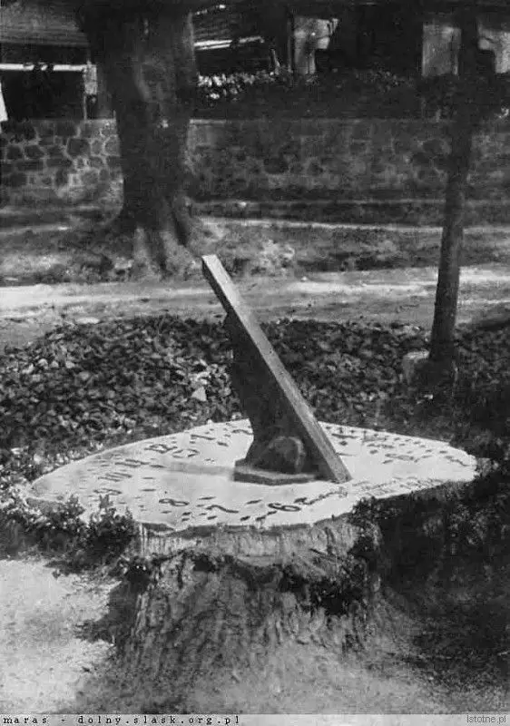 Pień drzewa jako zegar słoneczny na dziedzińcu synagogi. Zdjęcie wykonano około 1910 roku (Dolnośląska Biblioteka Cyfrowa)
