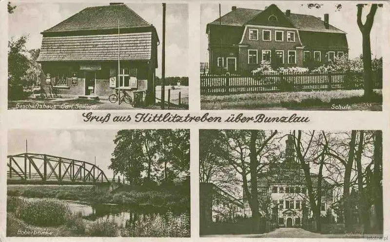 Trzebień na karcie pocztowej w latach 30-tych XX wieku. Od lewej z góry: sklep Söllingera, szkoła, most na Bobrze oraz pałac