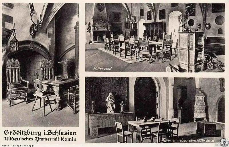Wnętrza zamku w latach 30. XX wieku. Od lewej: sala z kominkiem, sala rycerska oraz sala sąsiednia do sali rycerskiej