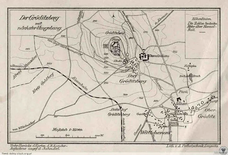 Mapa z 1909 roku, w centralnej części jest ulokowany zamek, poniżej pałac i wieś Grodziec