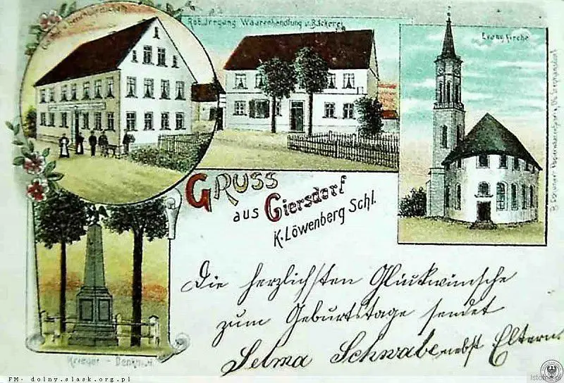 Pocztówka pochodzi z pierwszych lat XX wieku. Od lewej z góry: karczma,
sklep, piekarnia, kościół ewangelicki oraz pomnik