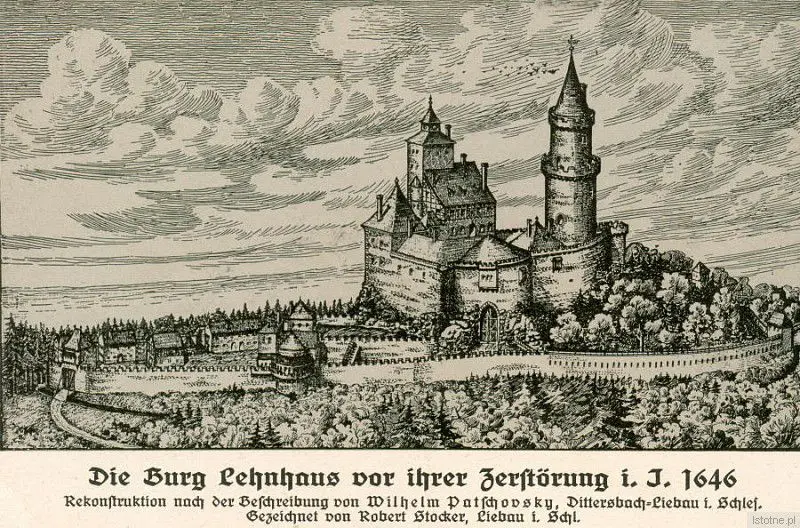 Grafika prezentuje zrekonstruowany zamek w 1646 roku