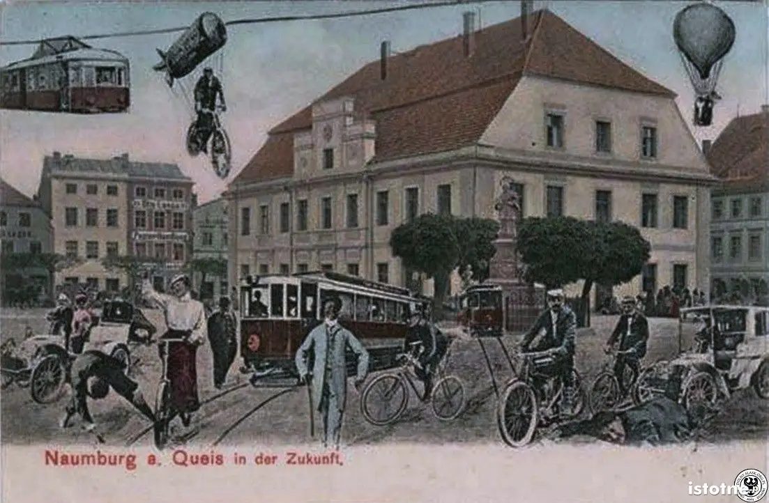 Futurystyczna wizja miasta na litografii z początku XX wieku