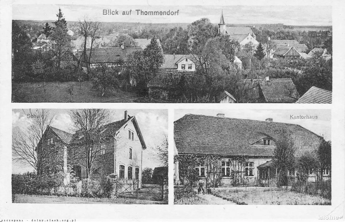 Pocztówka prezentuje panoramę Tomisławia w 1927 r.