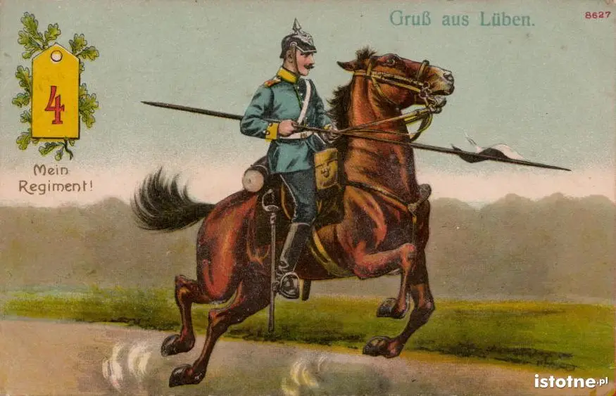 Żołnierz 4 regimentu dragonów na widokówce z początku XX w.