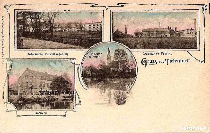 Na pocztówce z ok. 1900 r. fabryki porcelany, browar i kościół św. Antoniego