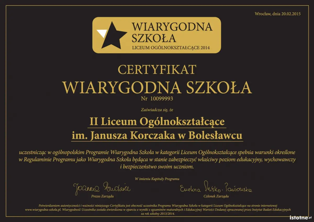 Certyfikat II LO Wiarygodna Szkoła