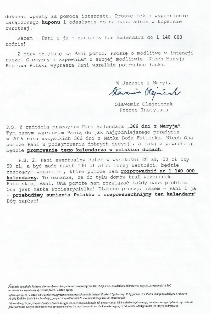 Fragmenty listu Instytutu Ks. Piotra Skargi