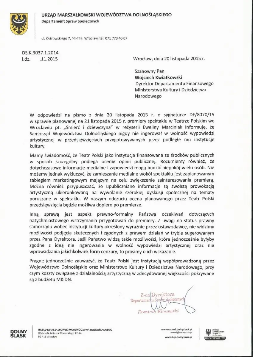 Odpowiedź Urzędu Marszałkowskiego w sprawie spektaklu „Śmierć i dziewczyna”