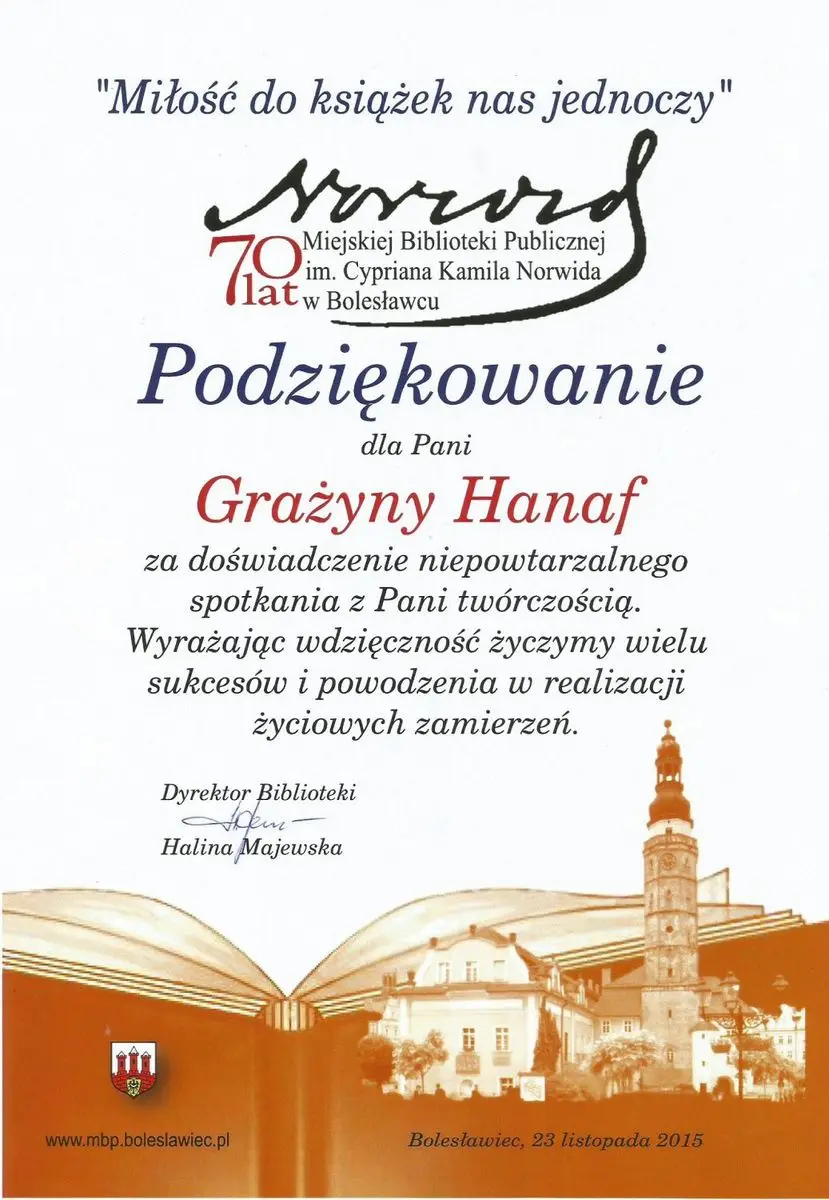 Podziękowanie MBP dla Grażyna Hanaf
