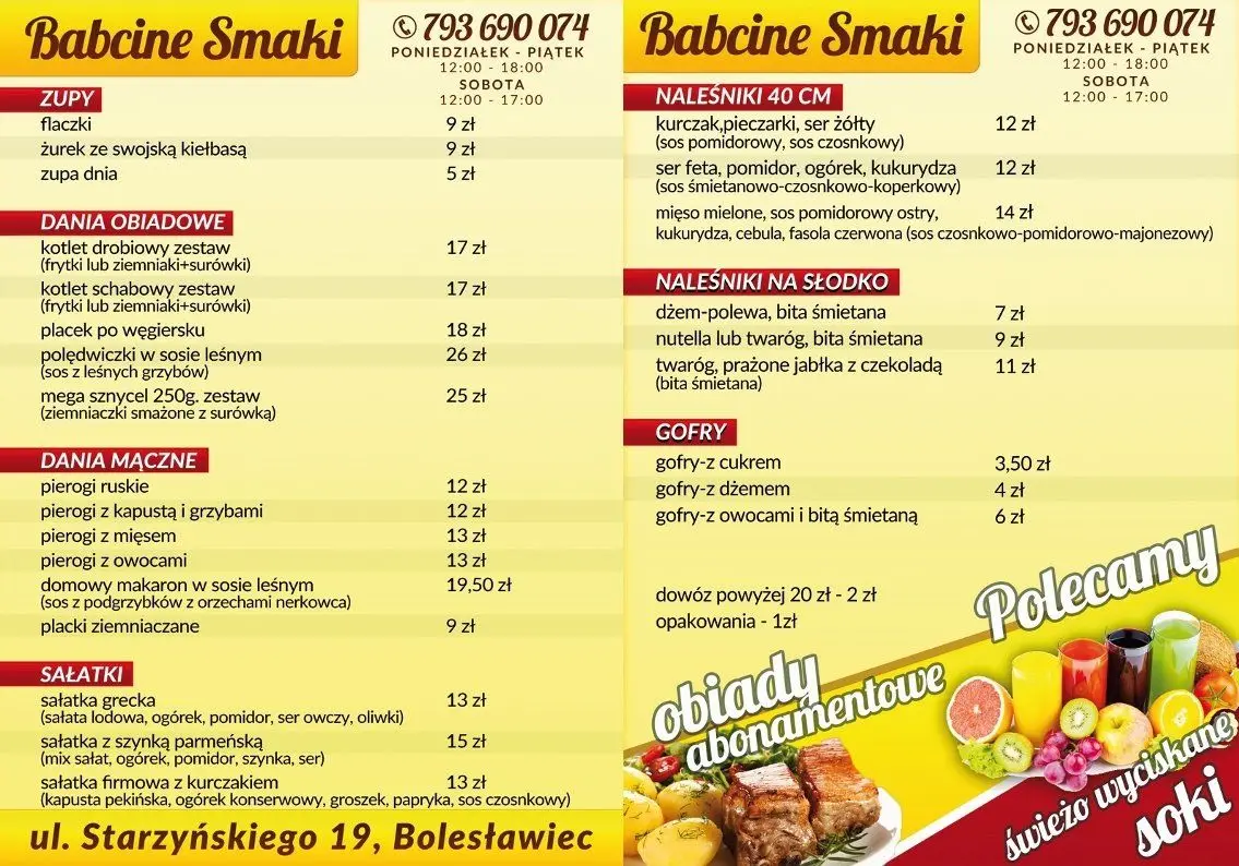 Bar Babcine Smaki - menu