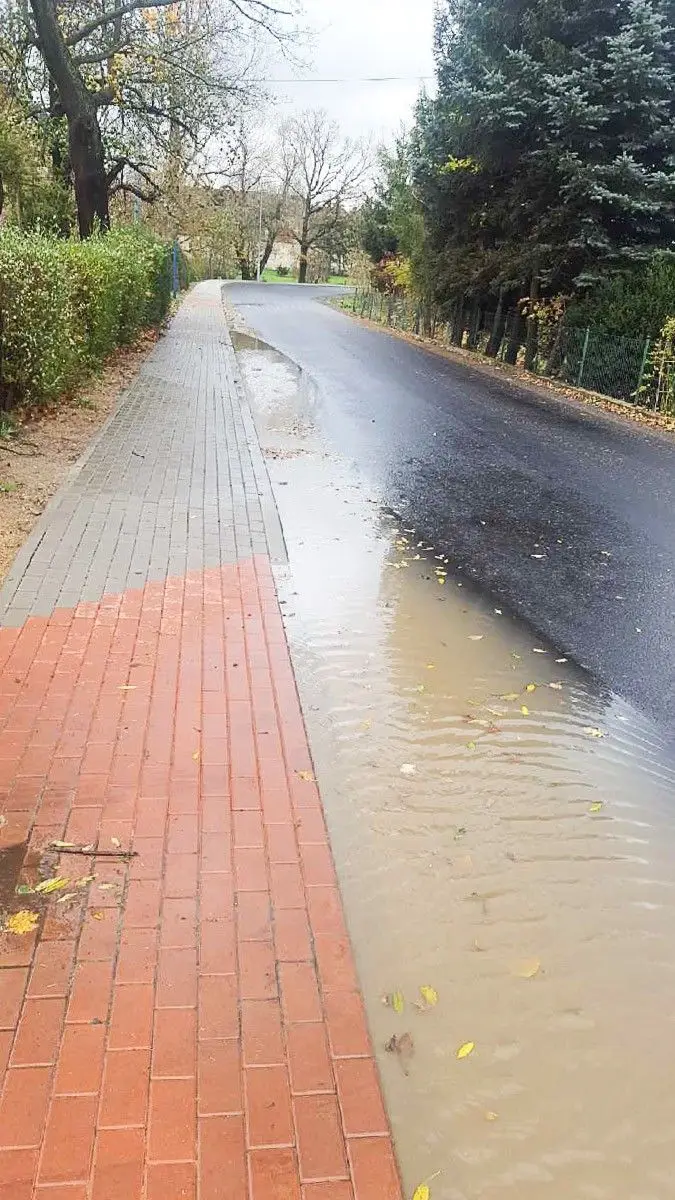 Bajora na nowo wyremontowanej drodze w Ocicach