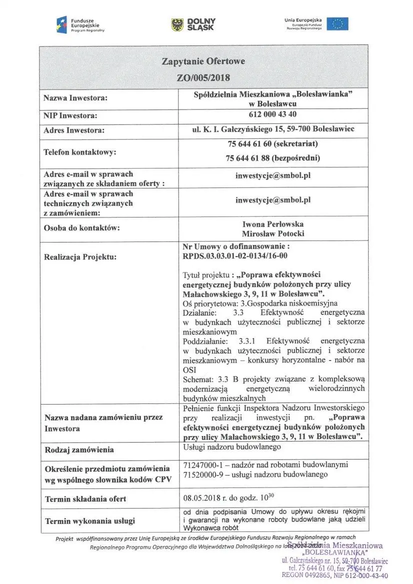 Zapytanie Ofertowe ZO/005/2018