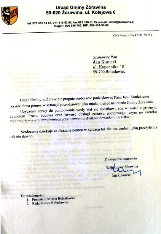 Podziękowanie od Gminy Żurawina