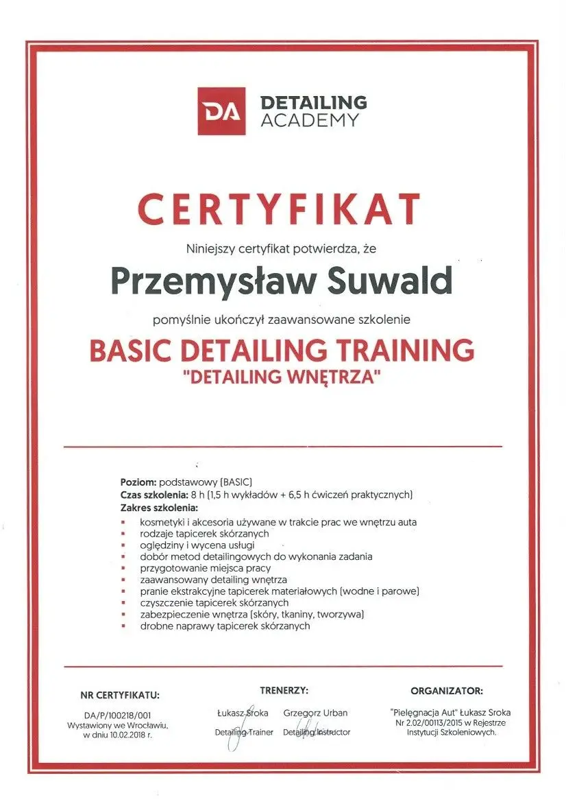 Certyfikaty Detailing Academy
