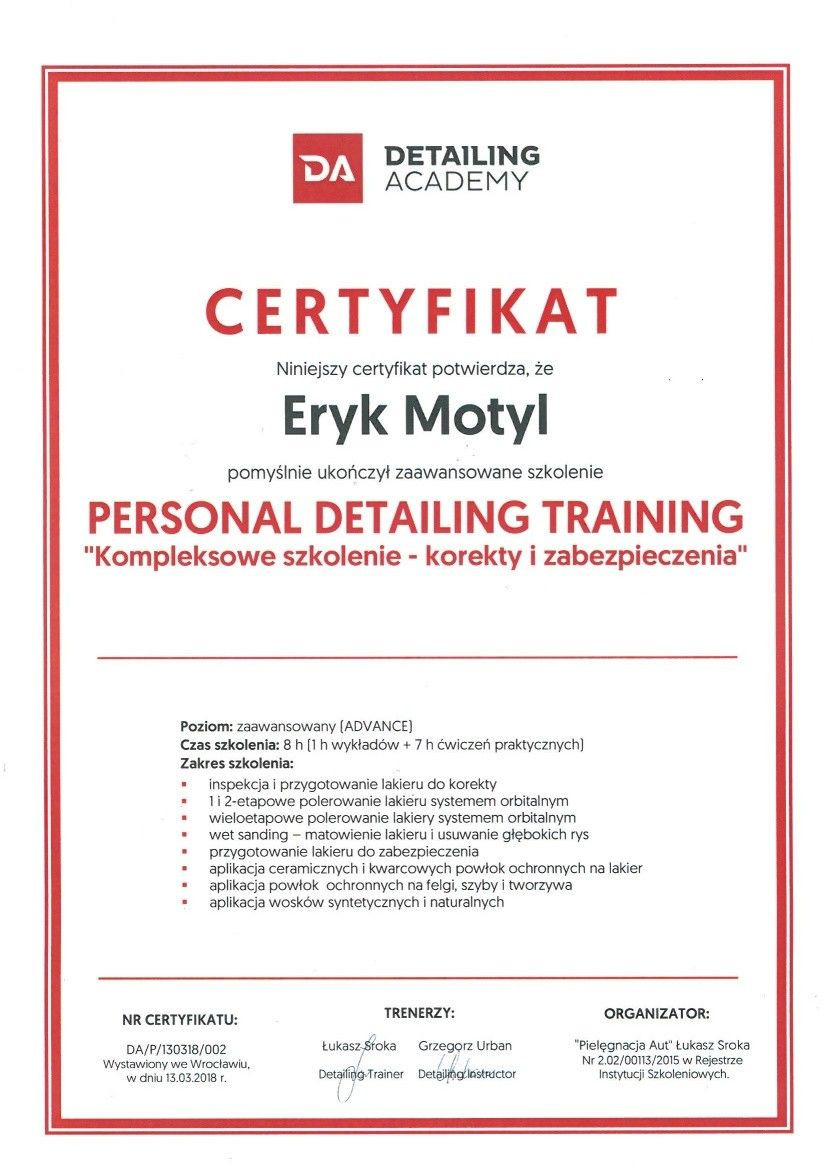Certyfikaty Detailing Academy