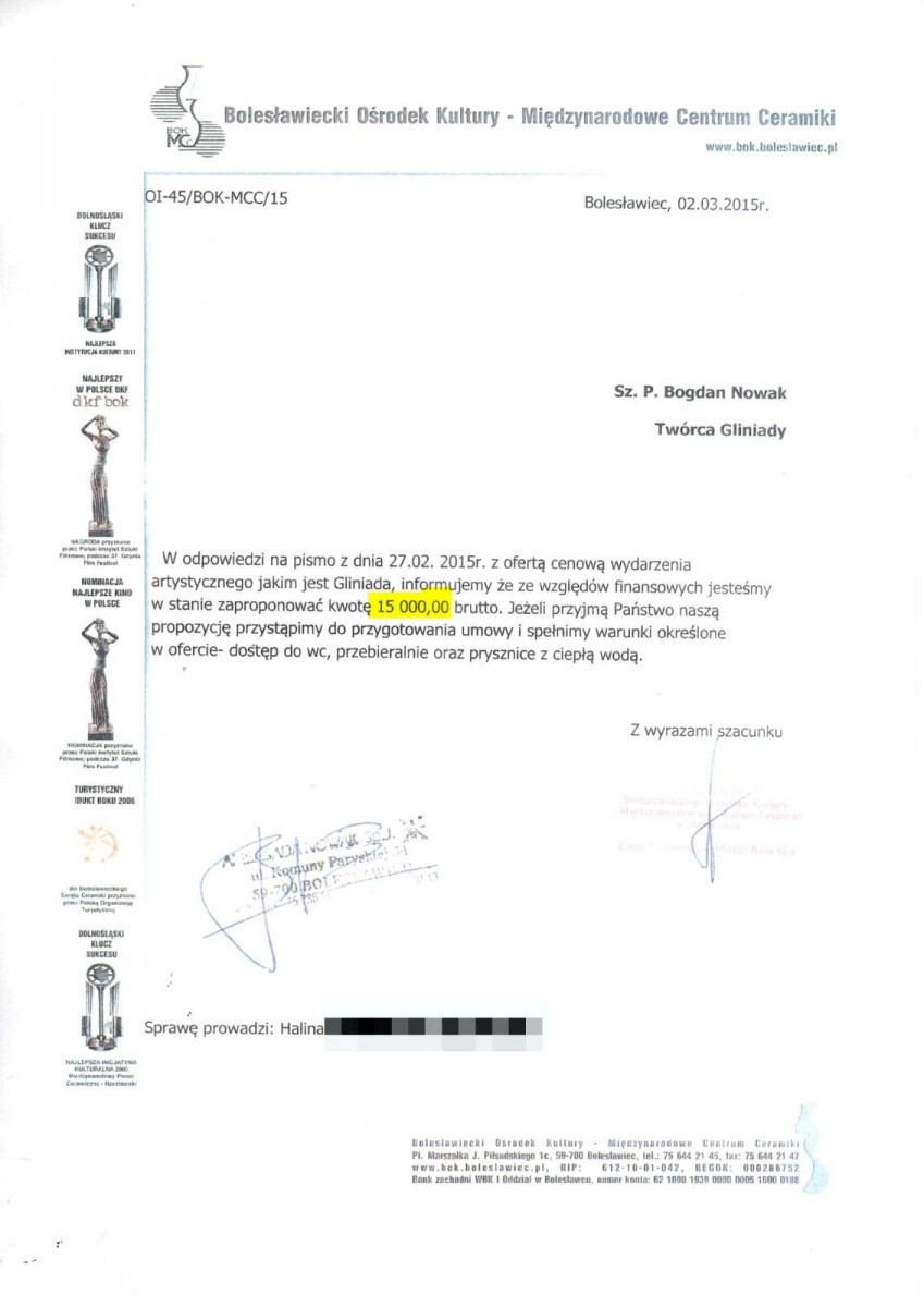 2015 rok: miasto proponuje Nowakowi 15 000 zł