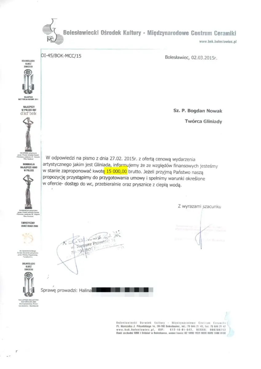 2015 rok: miasto proponuje Nowakowi 15 000 zł