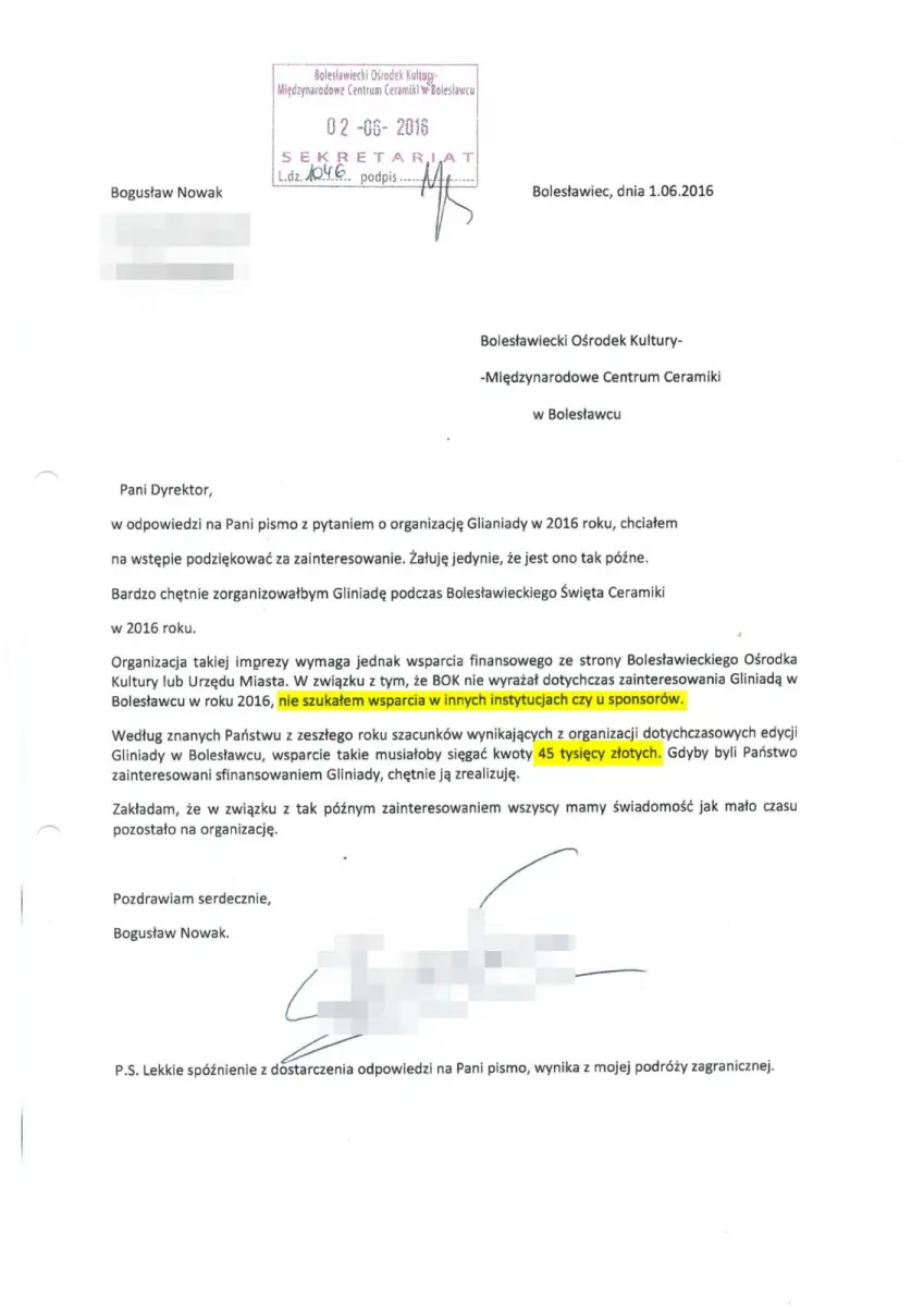 2016 rok: Nowak pisze, że nigdzie poza miastem nie szukał wsparcia i żąda 45 000 zł