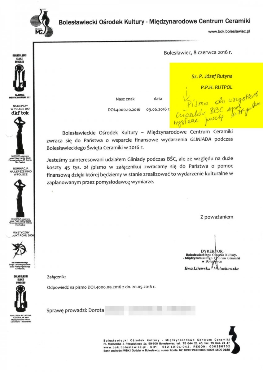 2016 rok: miasto wysyła pismo do wszystkich członków Bractwa Ceramicznego (firm produkujących ceramikę) z prośbą o wspólne wsparcie Gliniady Nowaka