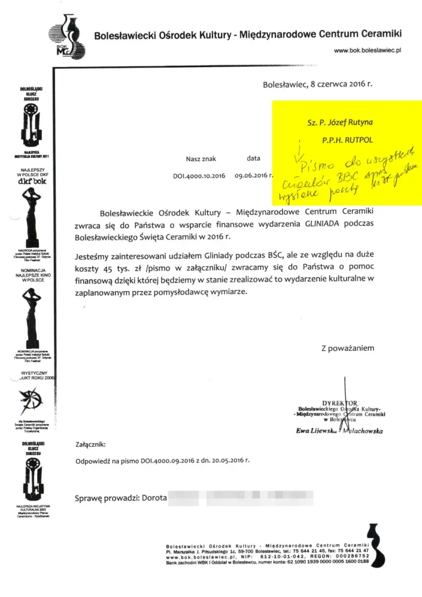 2016 rok: miasto wysyła pismo do wszystkich członków Bractwa Ceramicznego (firm produkujących ceramikę) z prośbą o wspólne wsparcie Gliniady Nowaka