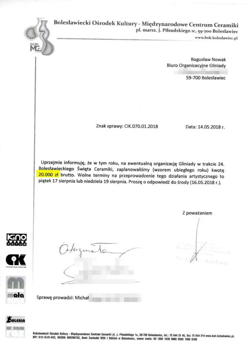 14 maja 2018: miasto deklaruje Nowakowi wsparcie w wysokości 20 000 zł