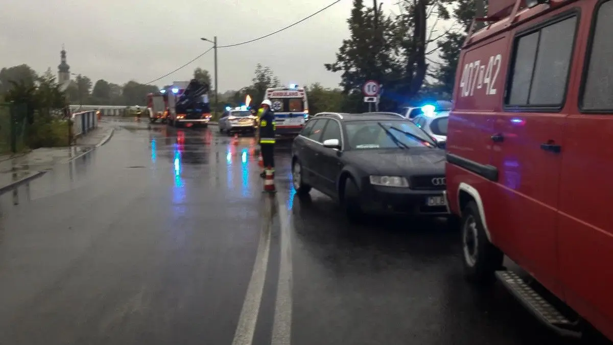 VW zjechał z mostu i wpadł do wody. Dwie osoby ranne