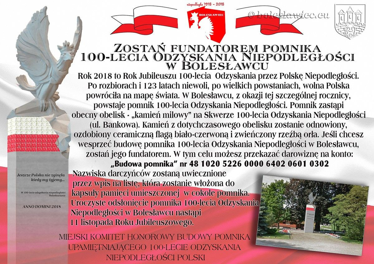 Będzie pomnik 100-lecia Odzyskania Niepodległości. Wciąż możesz zostać darczyńcą