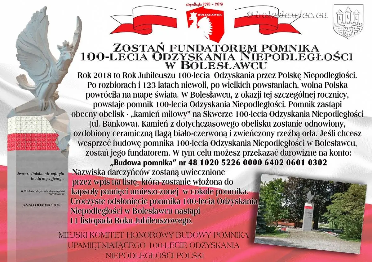 Będzie pomnik 100-lecia Odzyskania Niepodległości. Wciąż możesz zostać darczyńcą