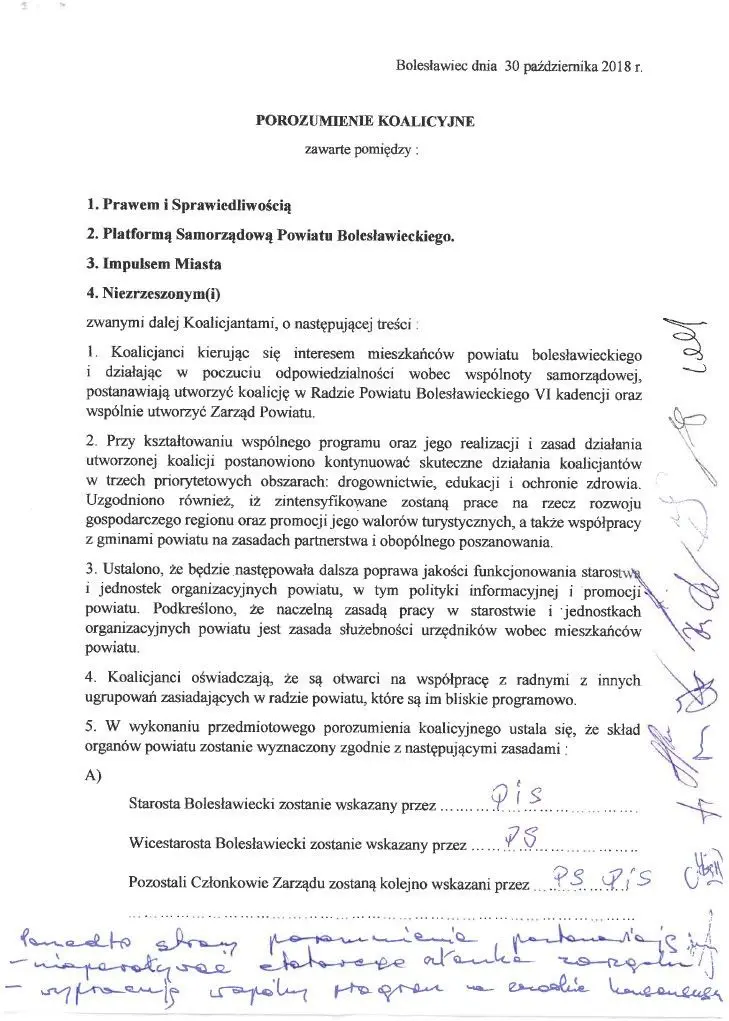 Коаліційна угода PiS, Platforma Samorządowa, Impulsu Miasta та незалежного радного