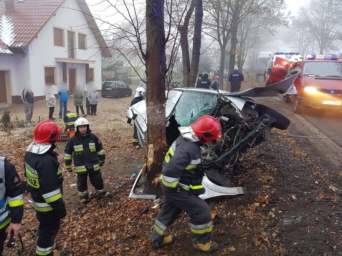 Wypadek w Ocicach. 19-letni kierowca citroena wjechał w drzewo