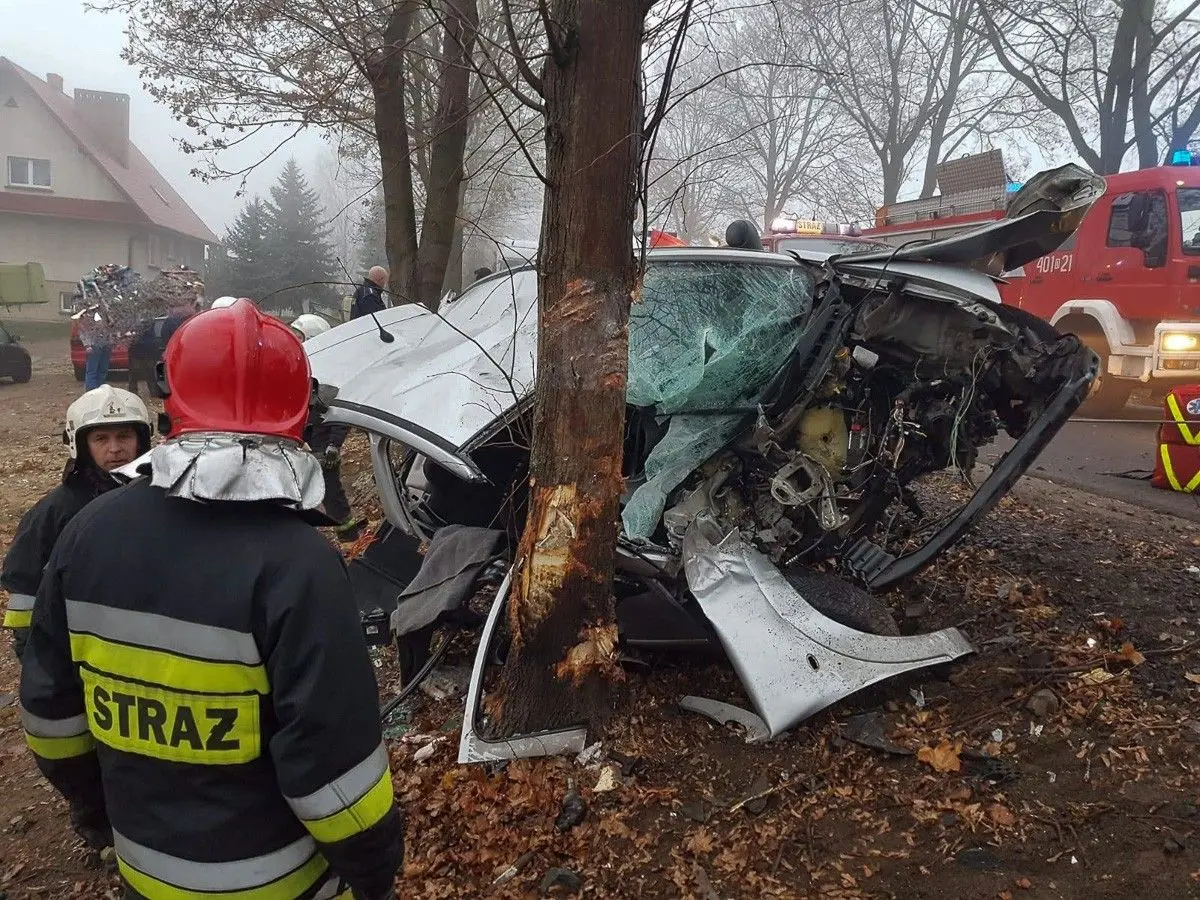 Wypadek w Ocicach. 19-letni kierowca citroena wjechał w drzewo