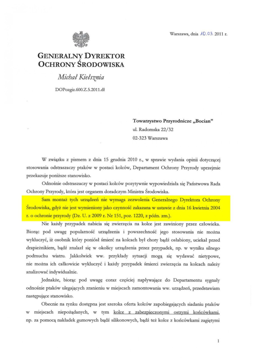 Pismo Generalnego Dyrektora Ochrony Środowiska