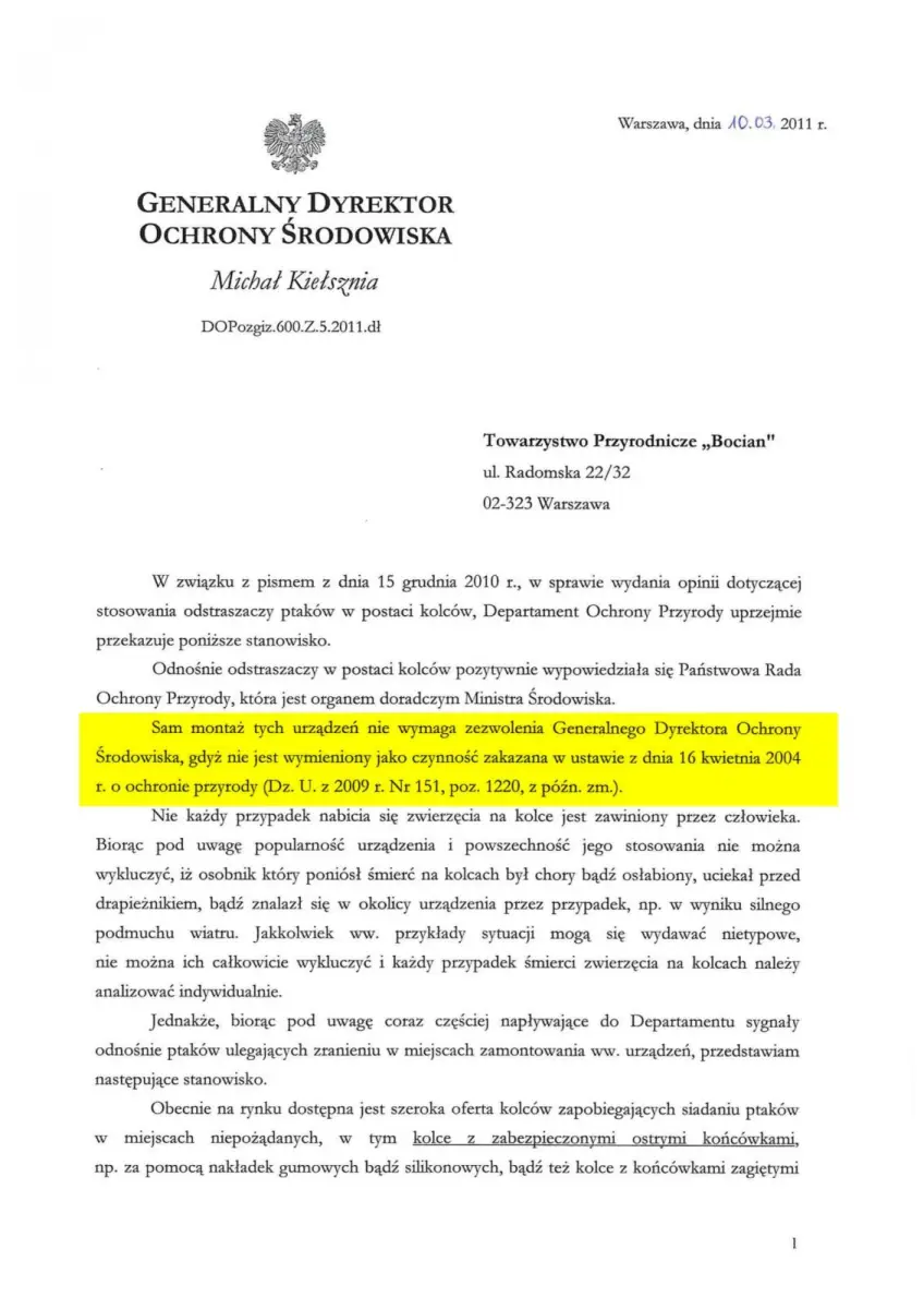Pismo Generalnego Dyrektora Ochrony Środowiska