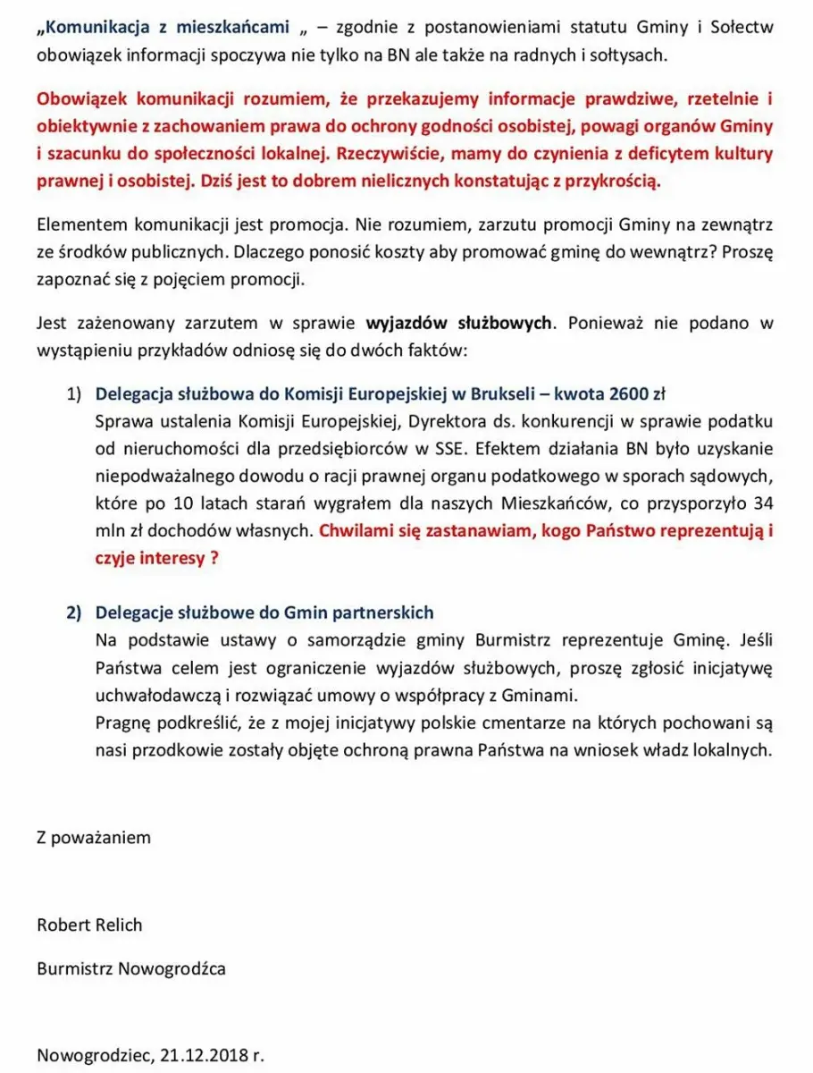 Nowogrodziec: Burmistrz Relich odpowiada opozycji. „Polityczny szantaż”