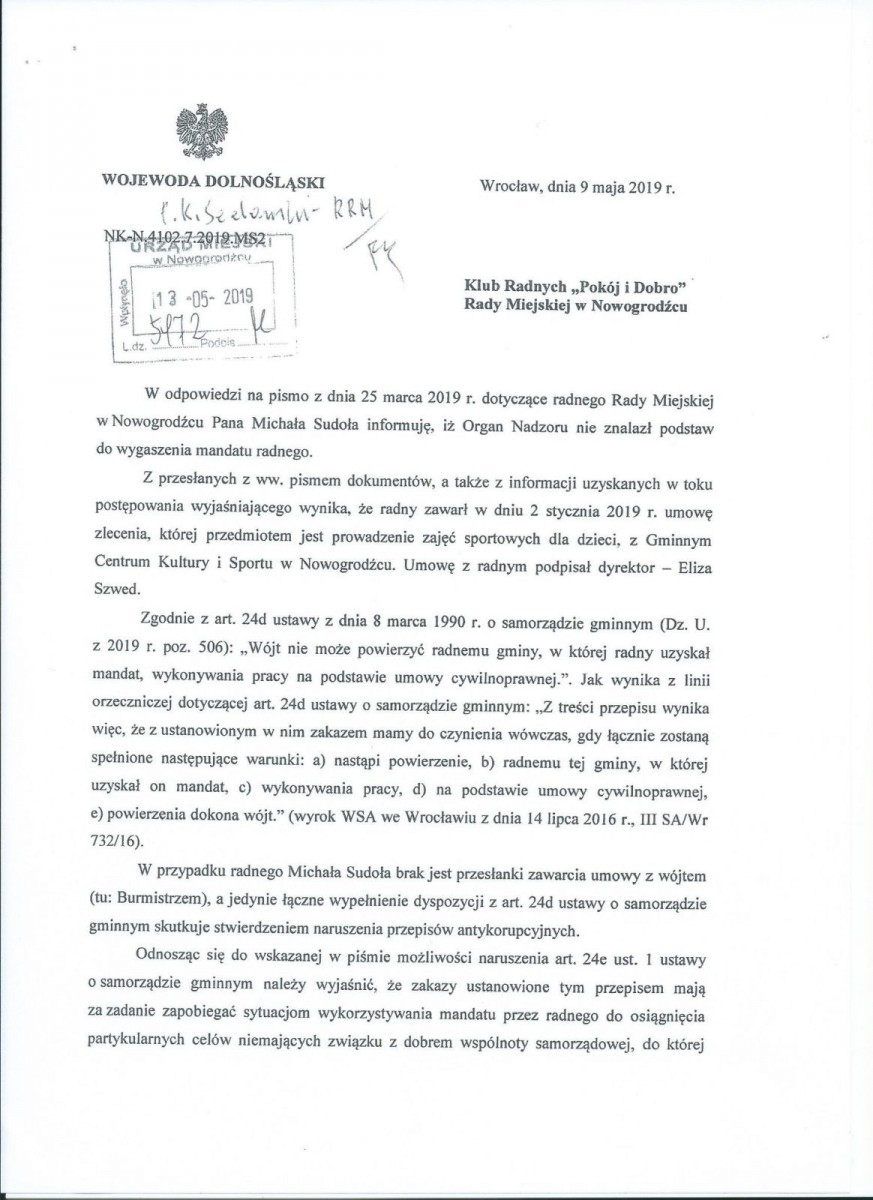 Odpowiedź od Wojewody Dolnośląskiego.