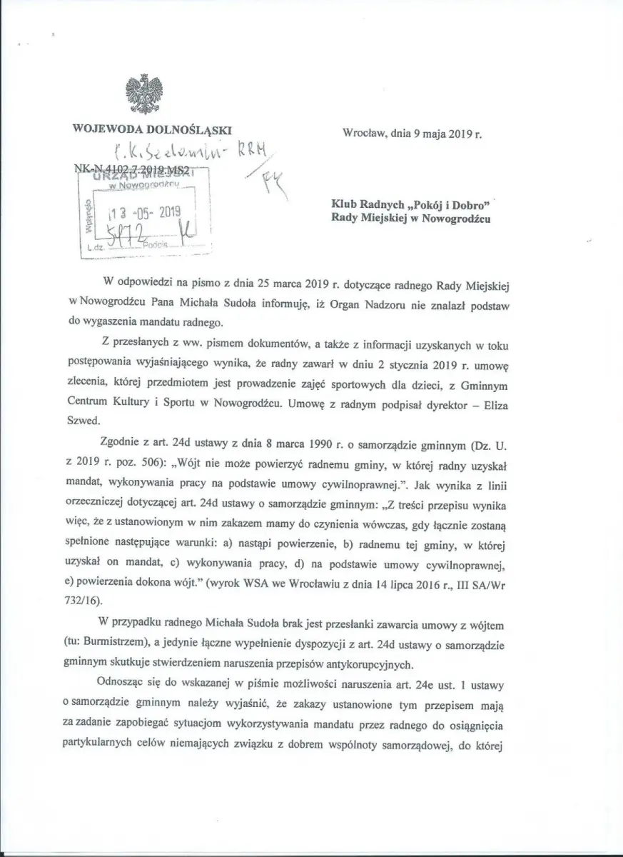Odpowiedź od Wojewody Dolnośląskiego.